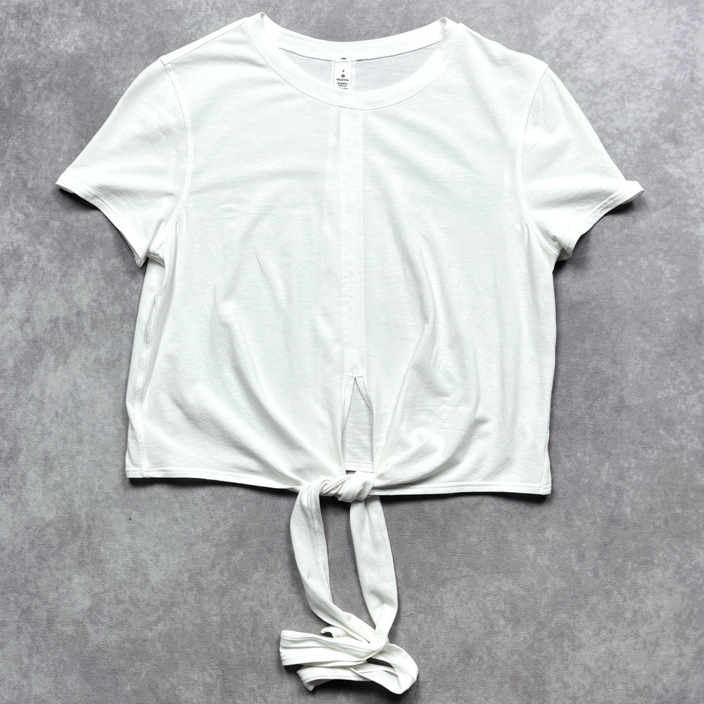Lululemon Women's Size 4 White Tie Front Crop Top Short Sleeve Pima Cotton